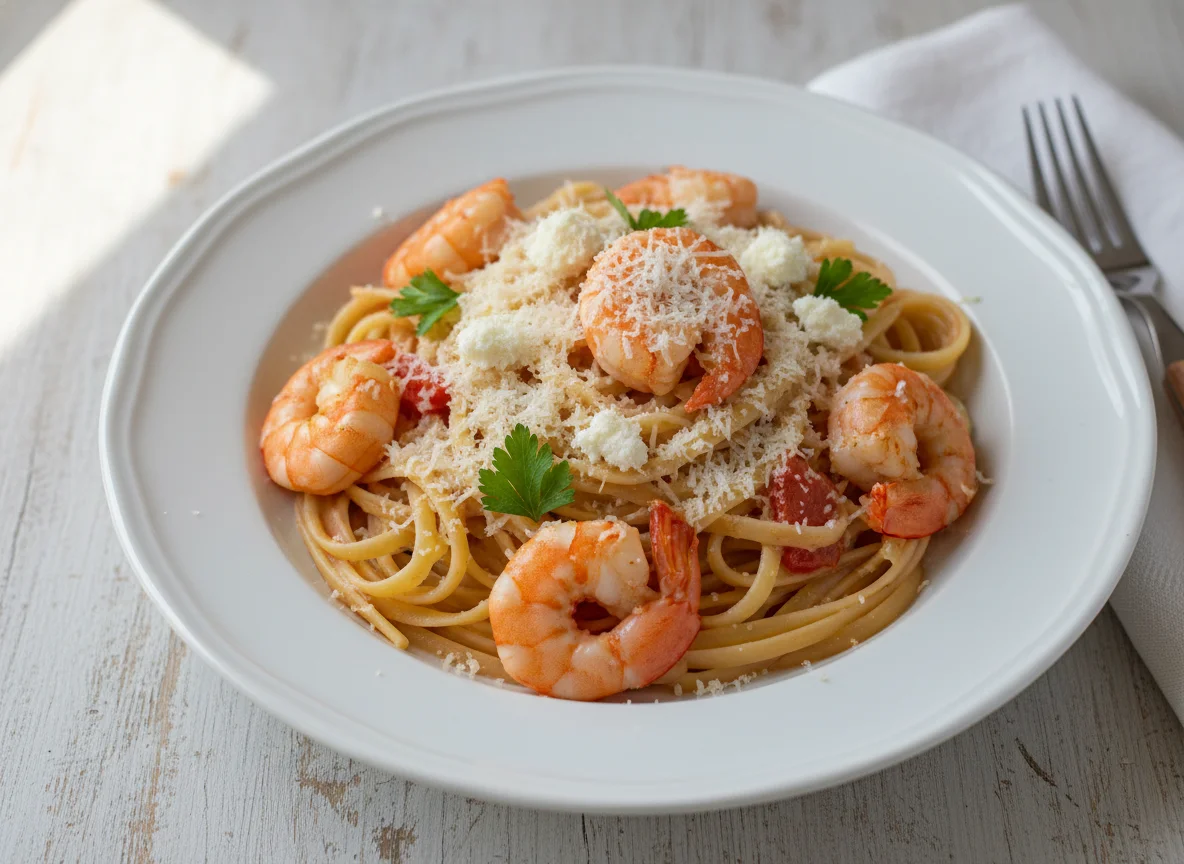 Pasta con camarones y queso parmesano photo