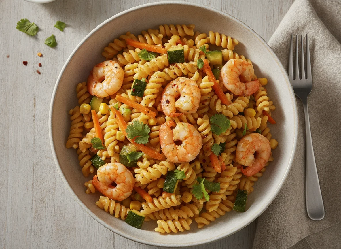 Pasta con camarones y verduras photo