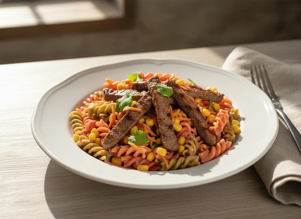 Pasta con carne a la plancha photo