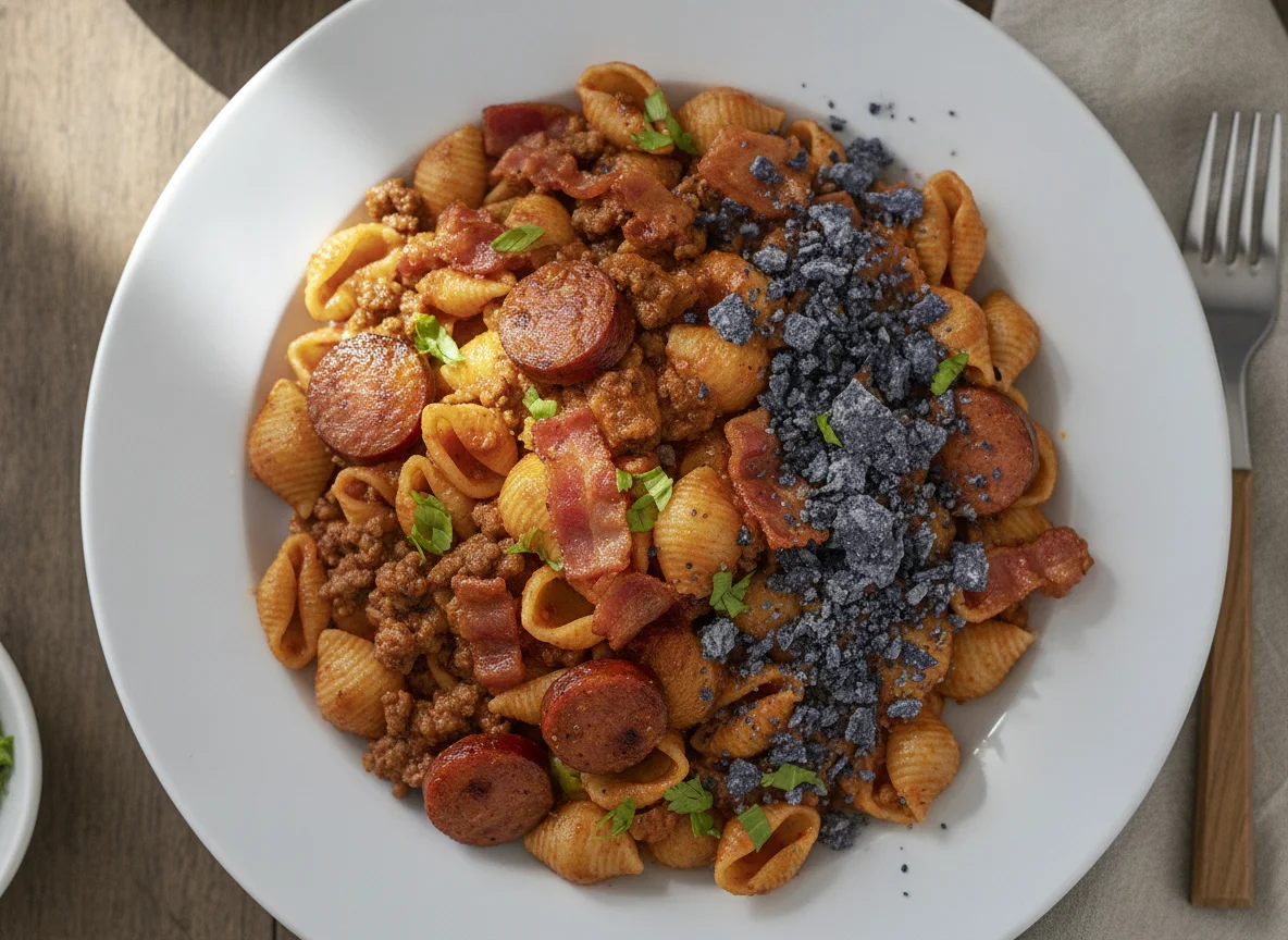 Pasta con carne, bacon y salchicha photo