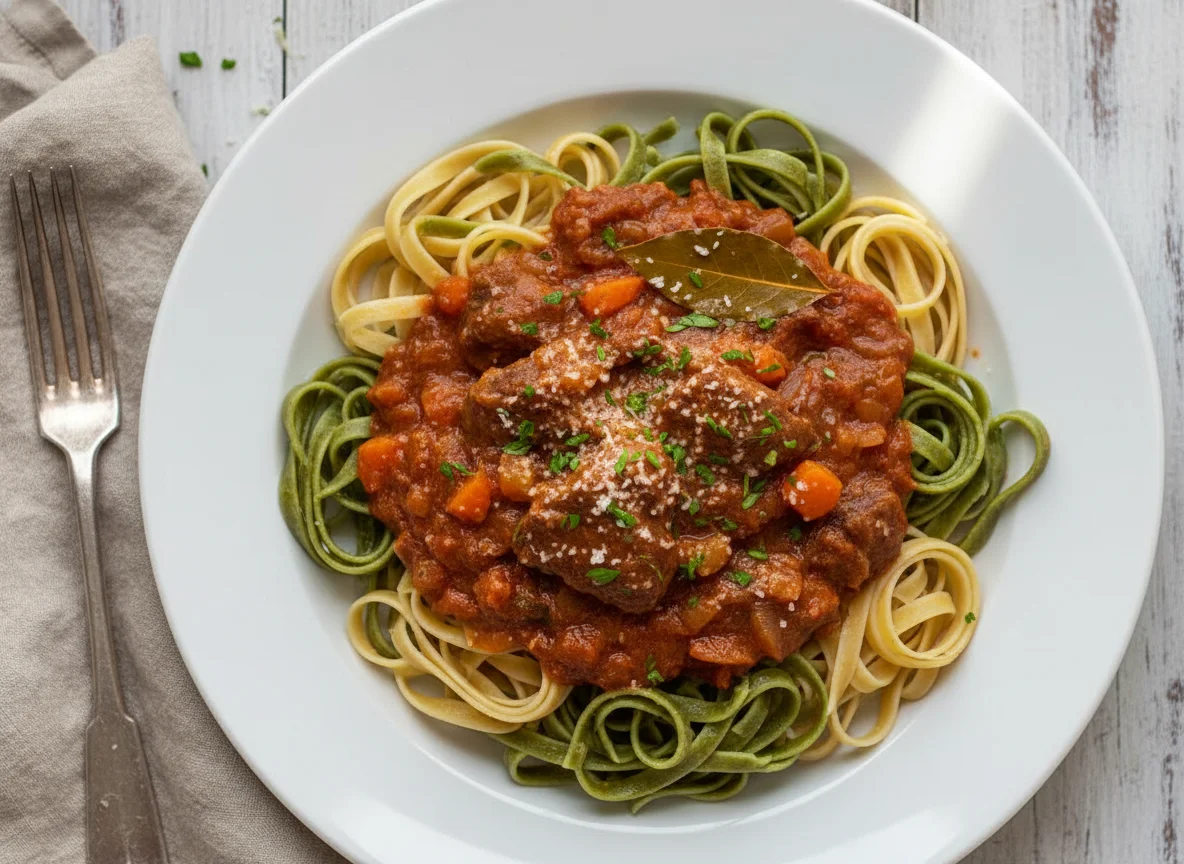 Pasta con carne estofada photo
