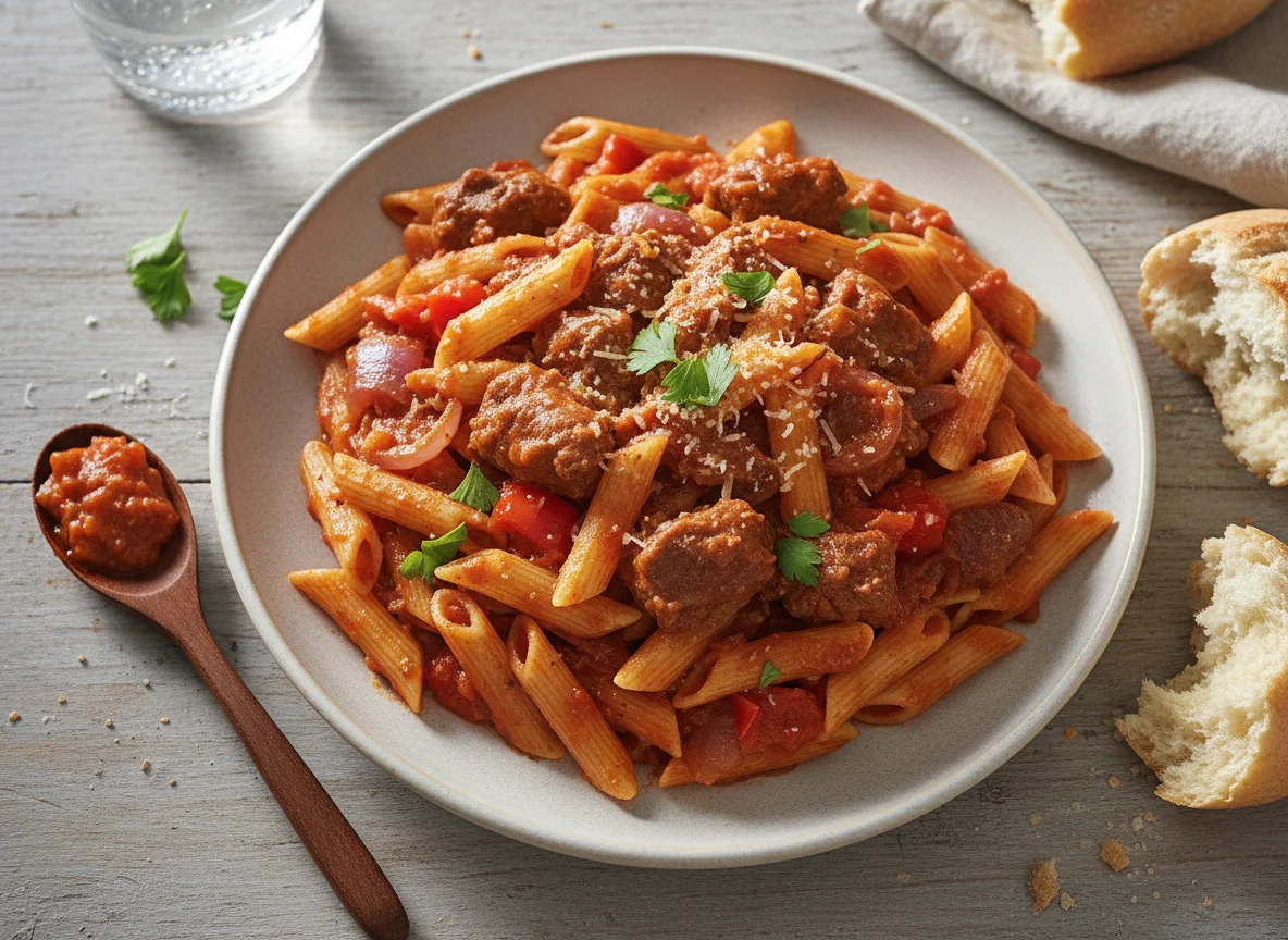 Pasta con carne guisada photo