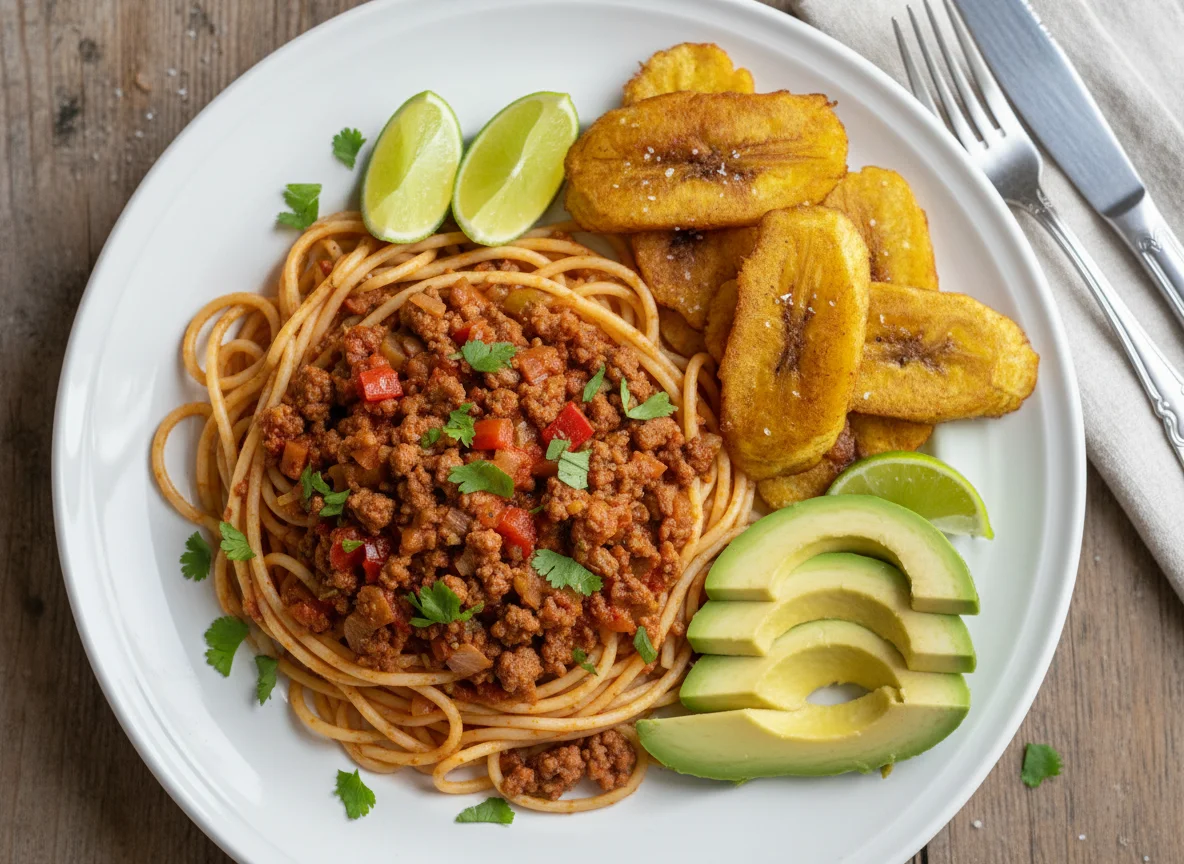 Pasta con carne molida, aguacate y tostones photo