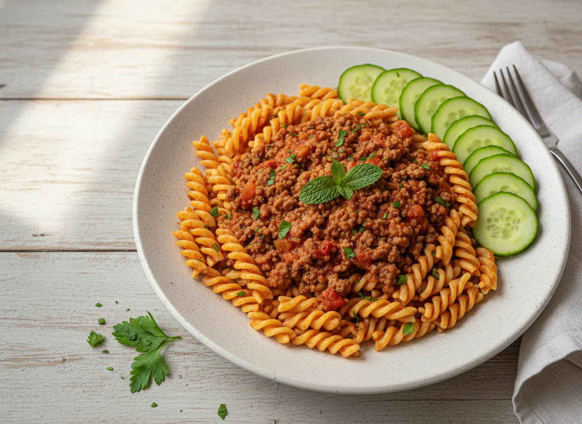 Pasta con carne molida photo