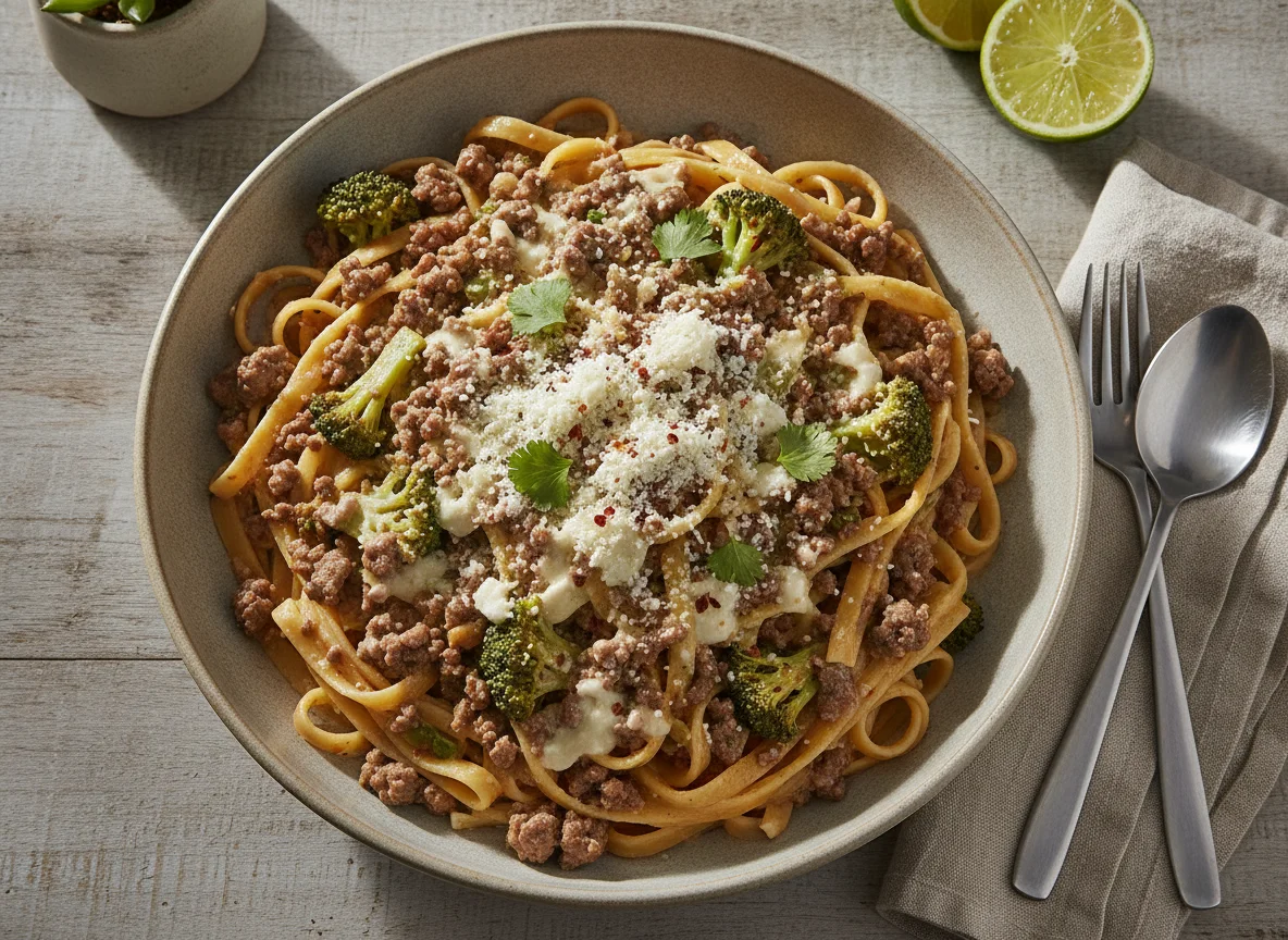 Pasta con carne molida, queso y brócoli photo