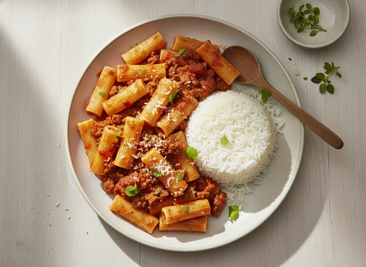 Pasta con carne molida y arroz blanco photo