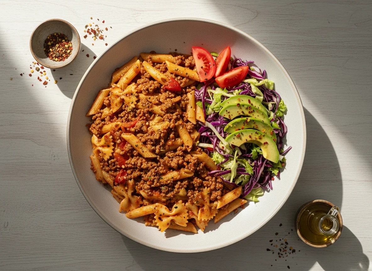 Pasta con carne molida y ensalada photo