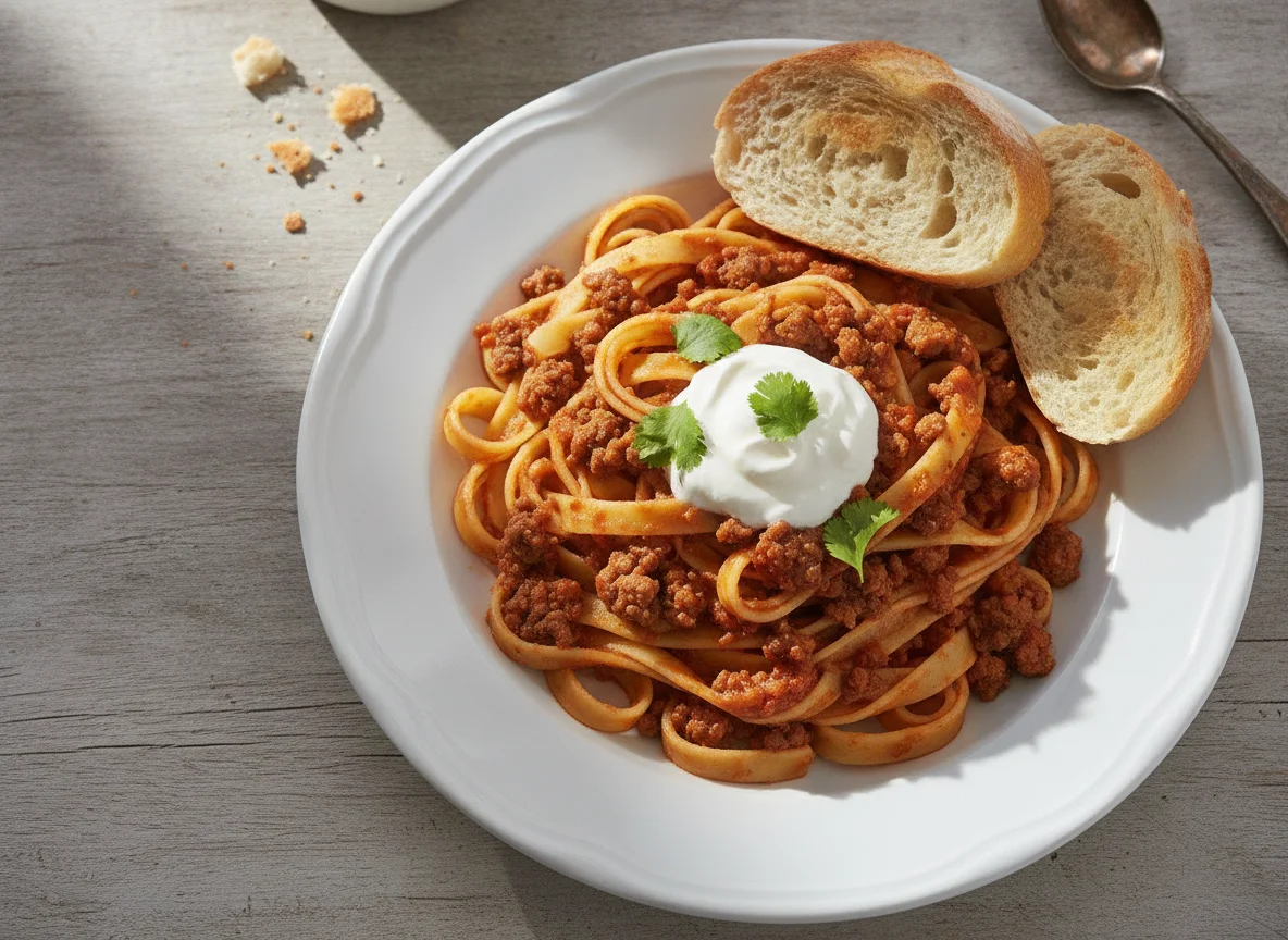 Pasta con carne molida y pan photo