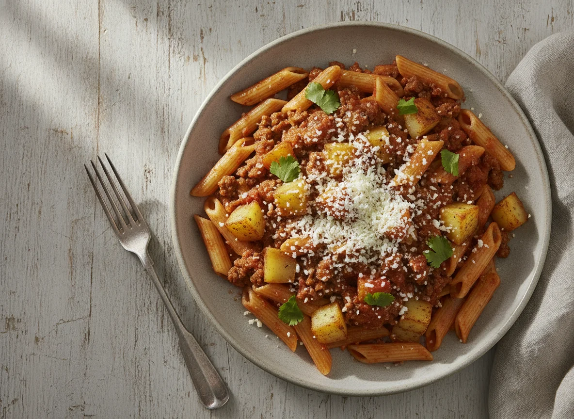 Pasta con carne molida y papas photo