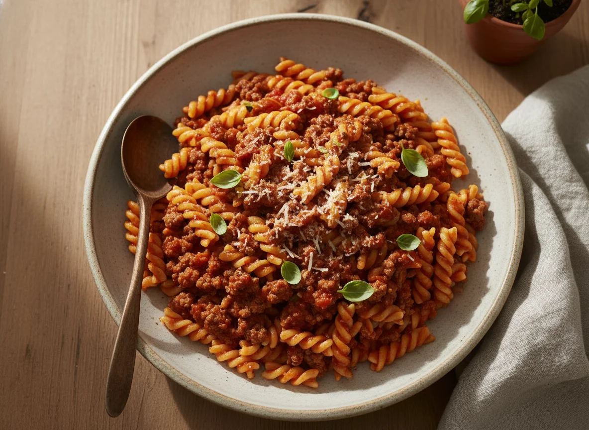 Pasta con carne molida y salsa photo