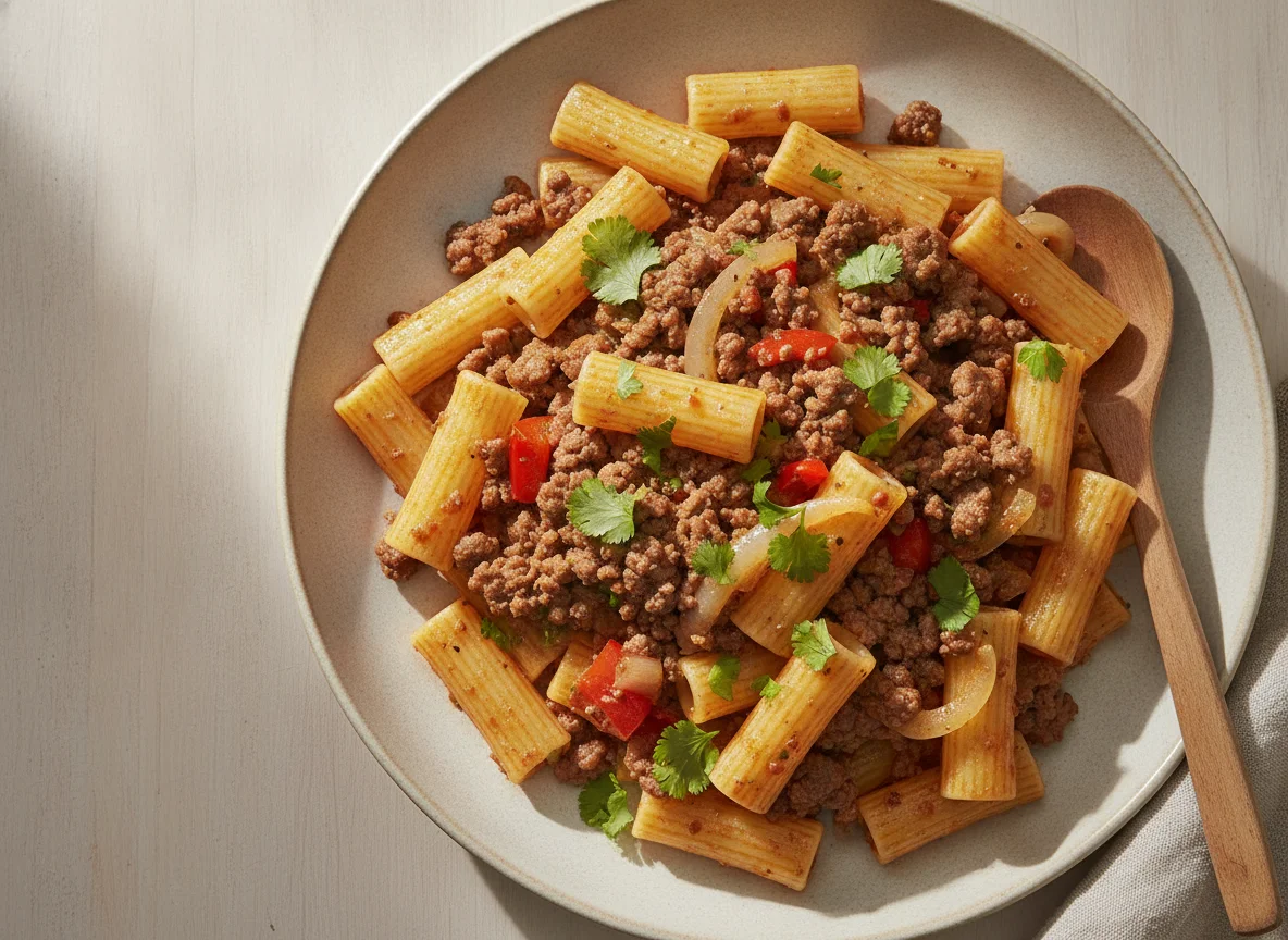 Pasta con carne molida y verduras photo
