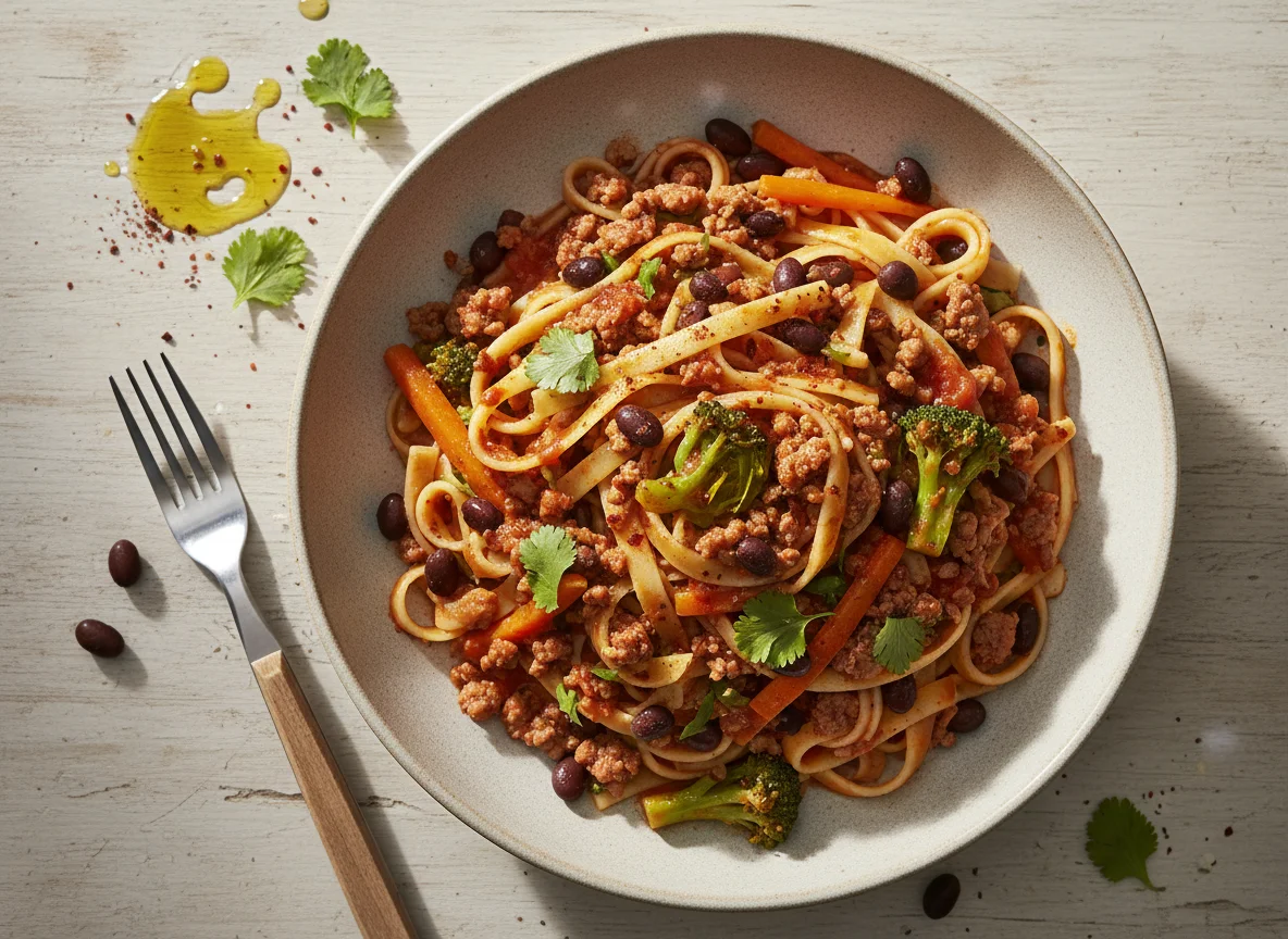 Pasta con carne picada, verduras y frijoles negros photo