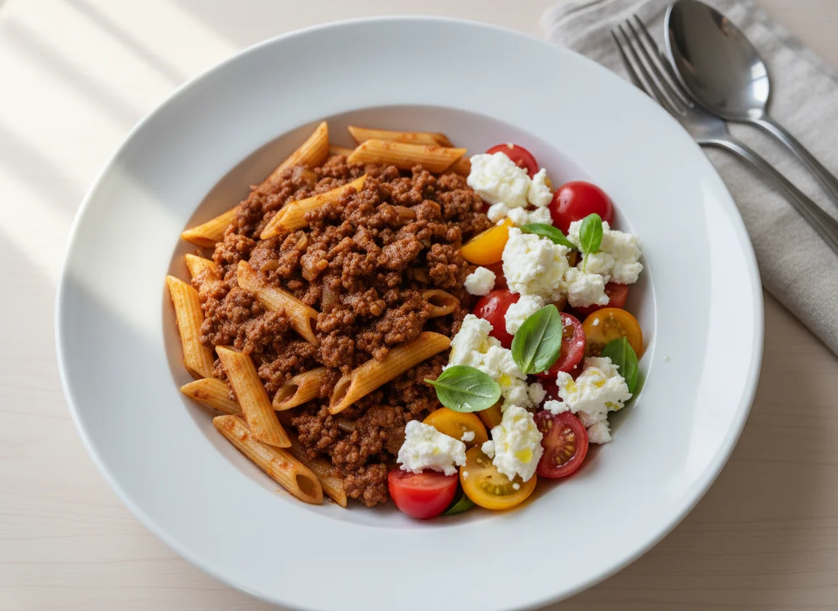 Pasta con carne picada y ensalada de tomate y queso feta photo