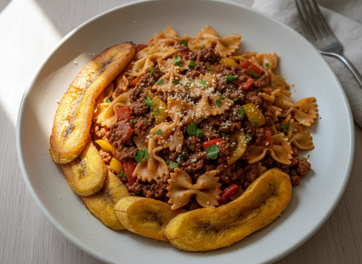 Pasta con carne picada y plátano frito photo