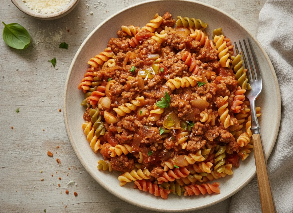 Pasta con carne picada y salsa de tomate photo