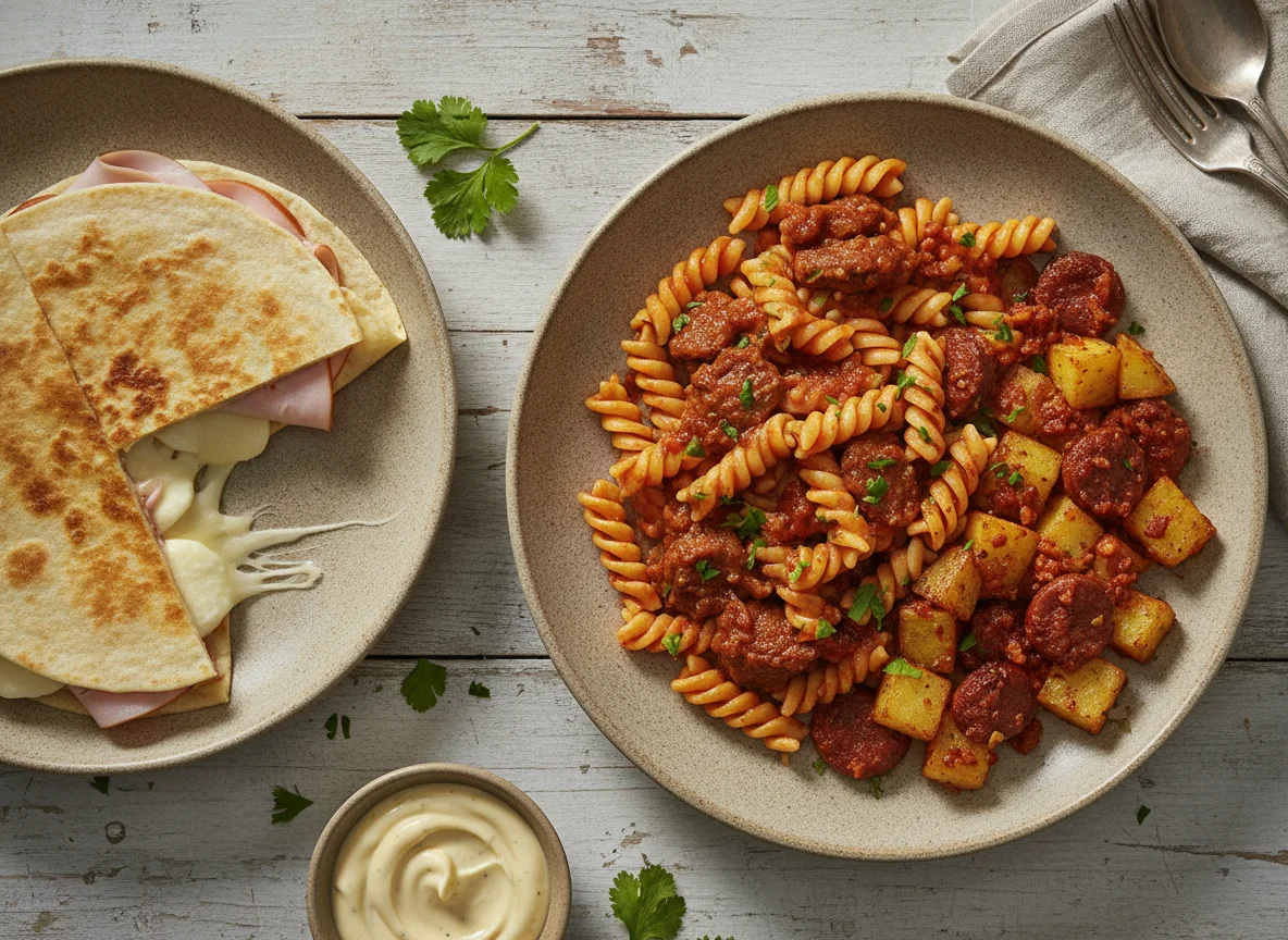 Pasta con carne, quesadilla de jamón y papas con chorizo photo