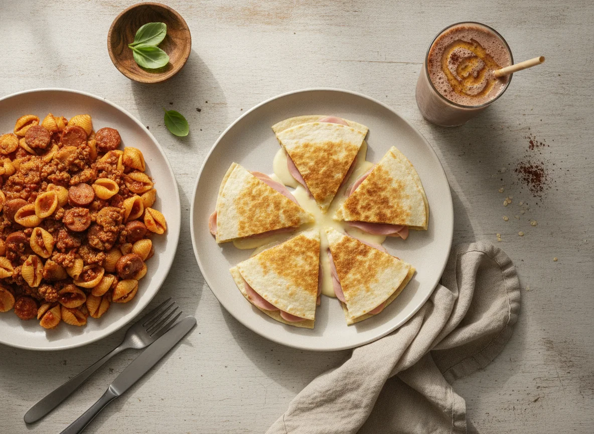 Pasta con carne, quesadilla y batido de proteína photo