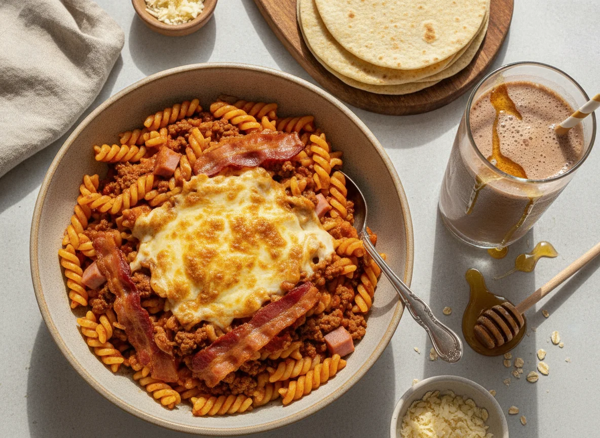 Pasta con carne y batido de proteínas photo