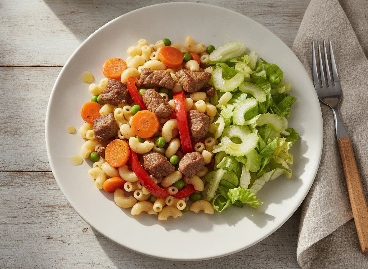 Pasta con carne y ensalada de apio photo