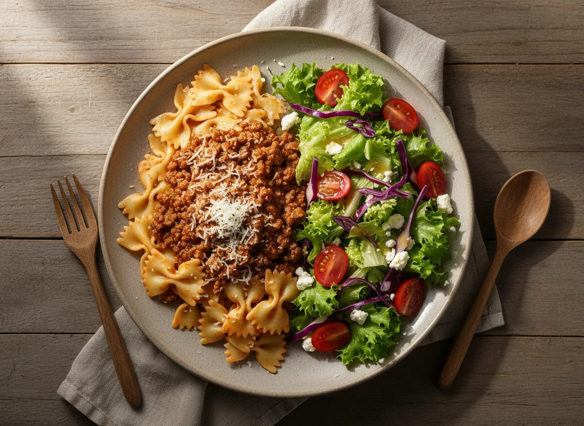 Pasta con carne y ensalada mixta photo
