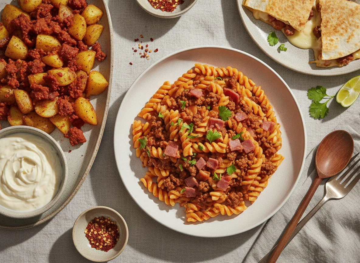 Pasta con carne y jamón, papas con chorizo y quesadilla photo