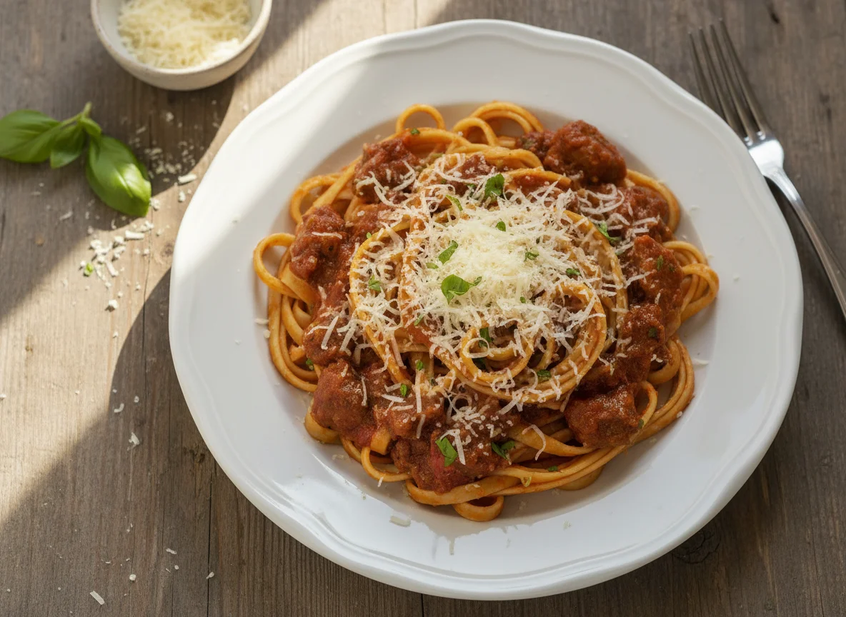 Pasta con carne y queso photo