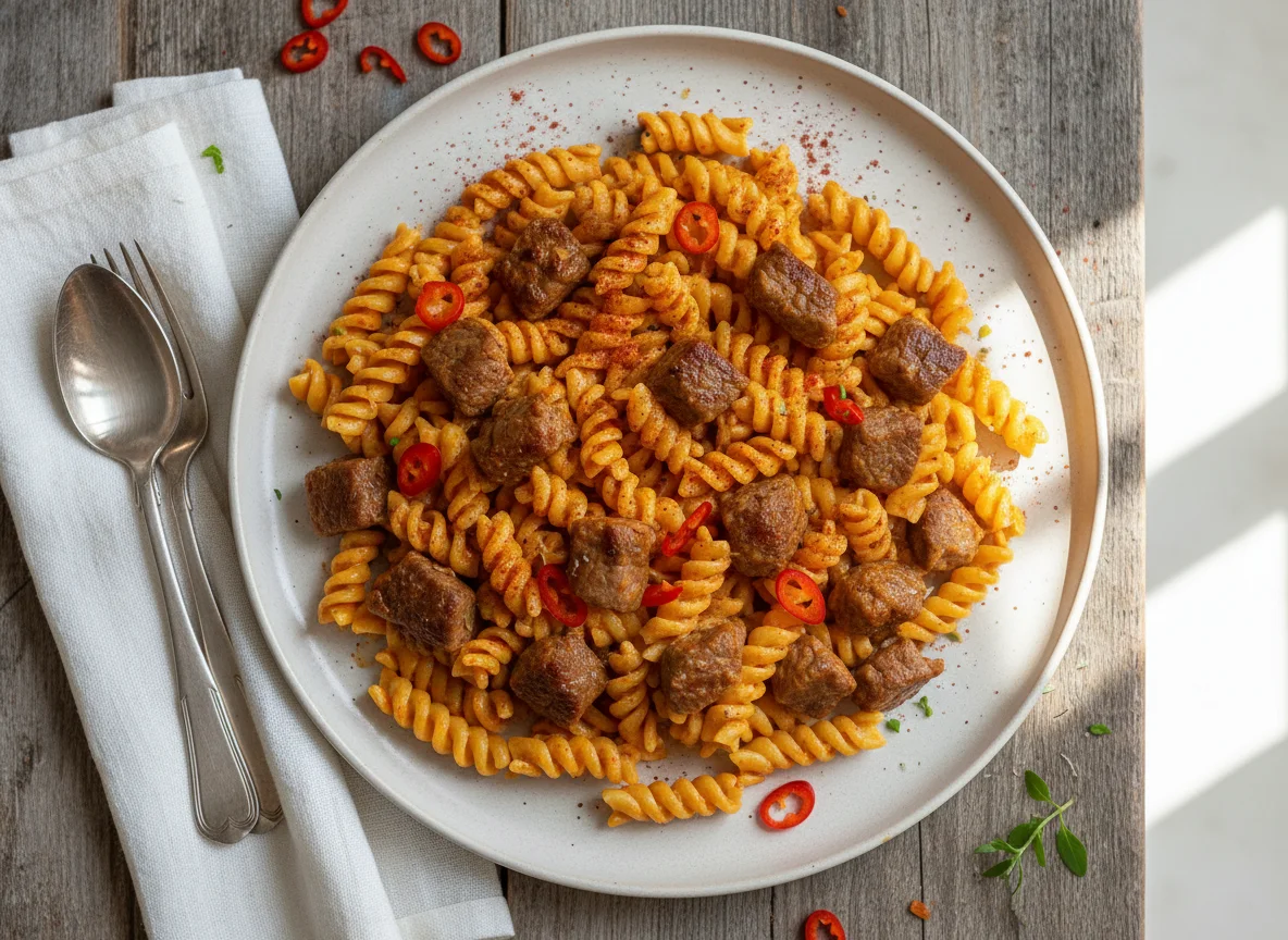 Pasta con carne y salsa cremosa photo