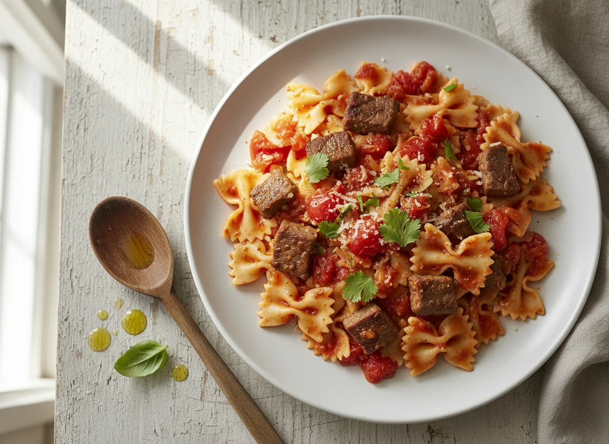 Pasta con carne y salsa de tomate photo