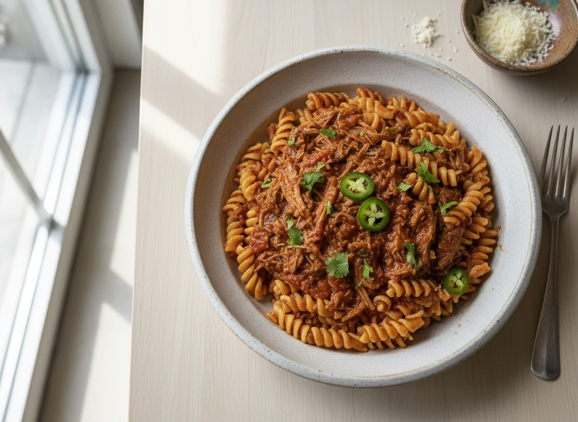 Pasta con carne y salsa photo