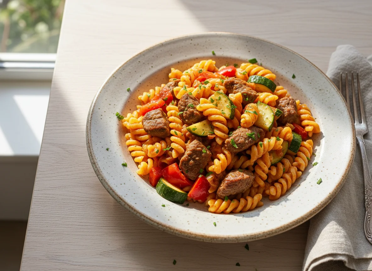 Pasta con carne y vegetales photo