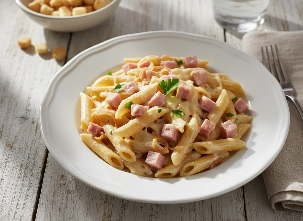 Pasta con cebolla y jamón photo