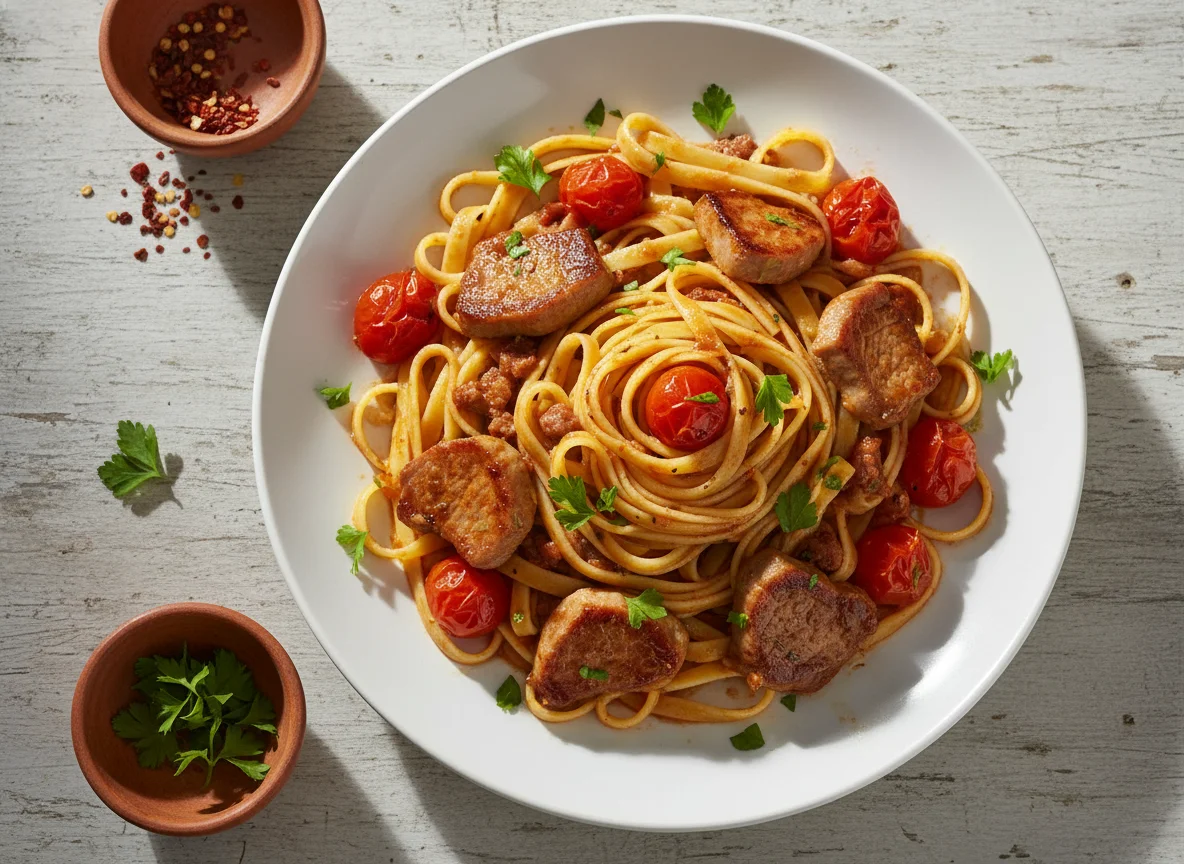 Pasta con cerdo y tomates cherry photo