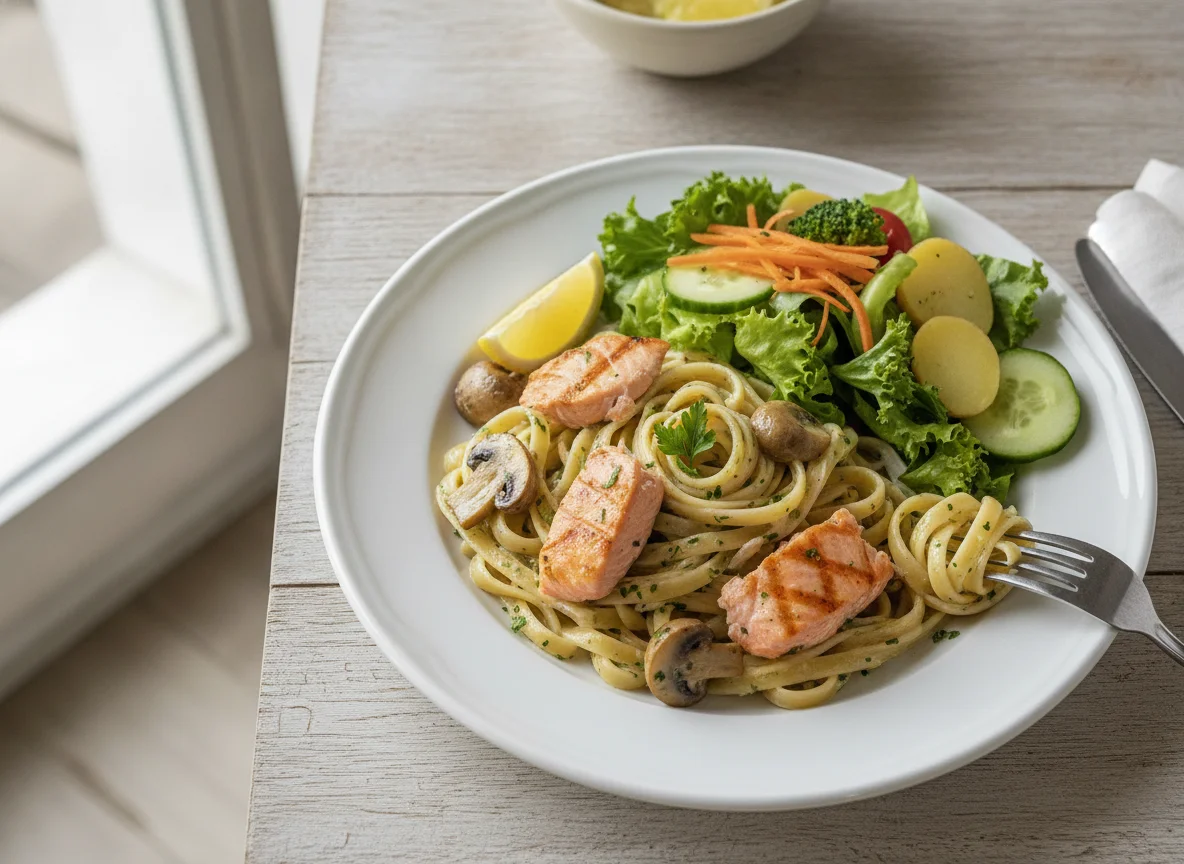 Pasta con champiñones, salmón y ensalada mixta photo