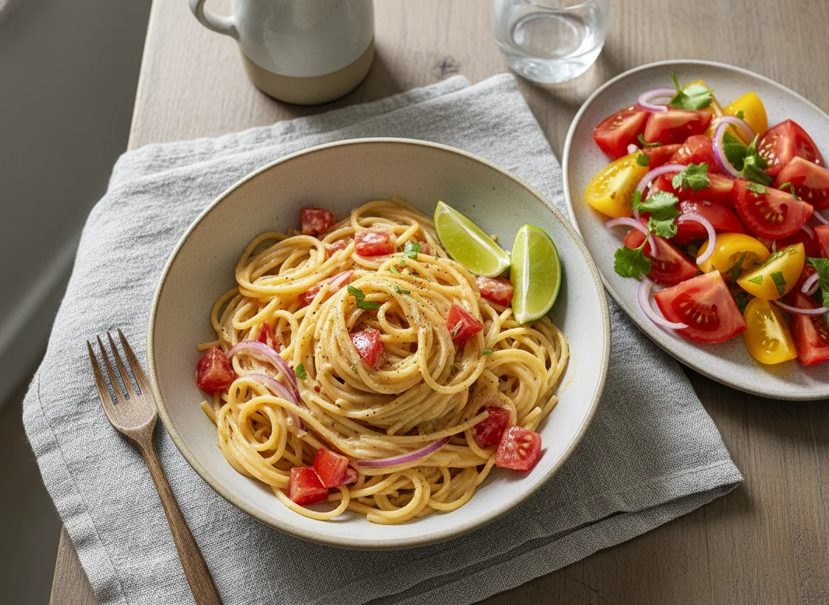 Pasta con crema y ensalada de tomate photo