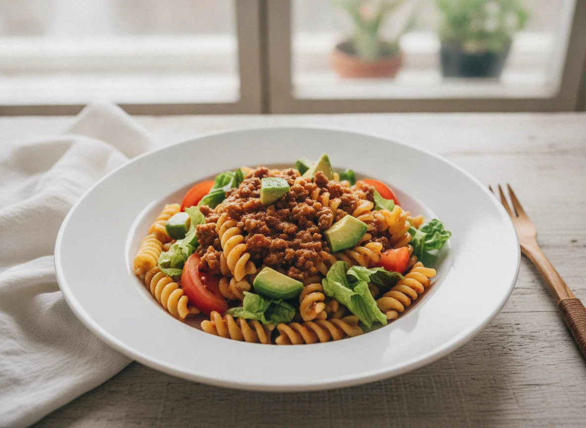 Pasta con ensalada de tomate, palta y lechuga photo