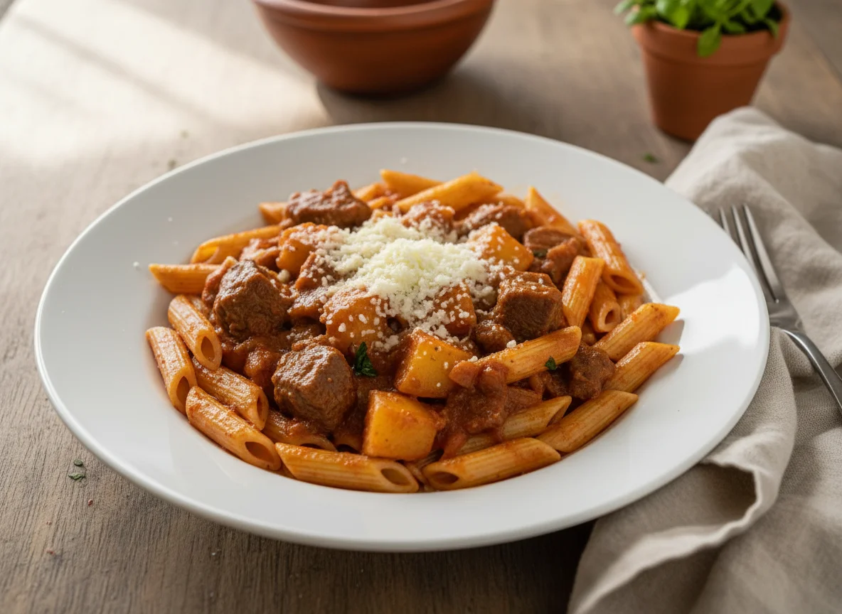 Pasta con estofado de carne y papas photo