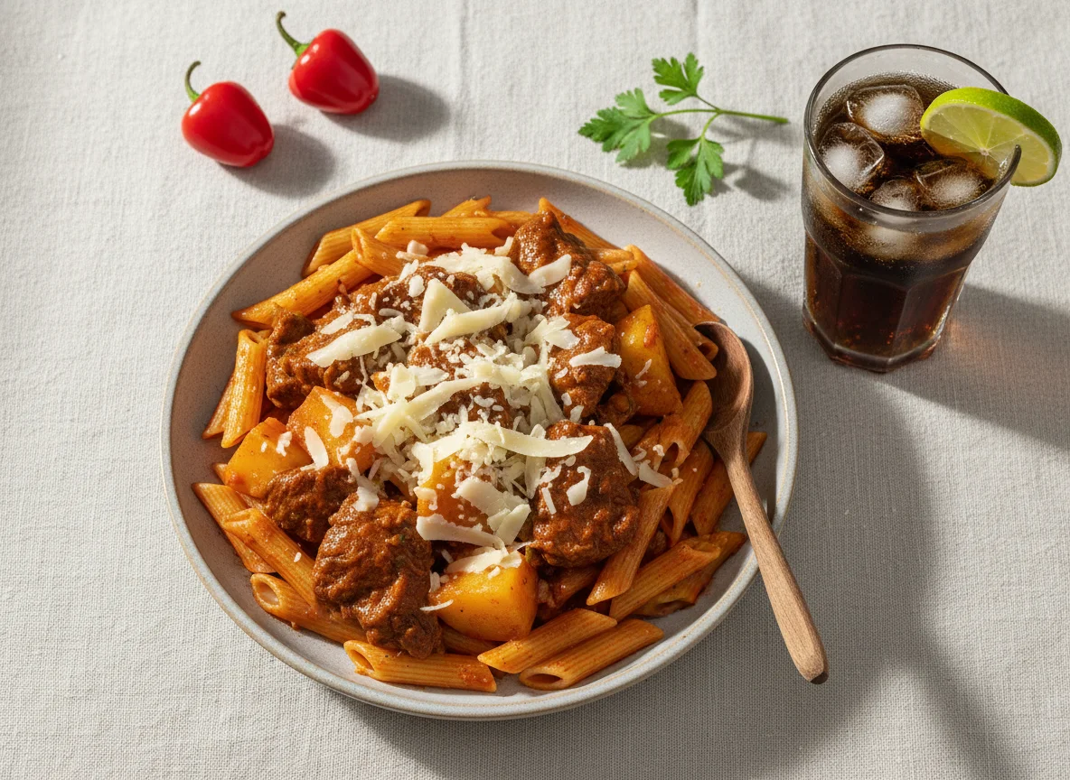 Pasta con estofado, queso y bebida photo