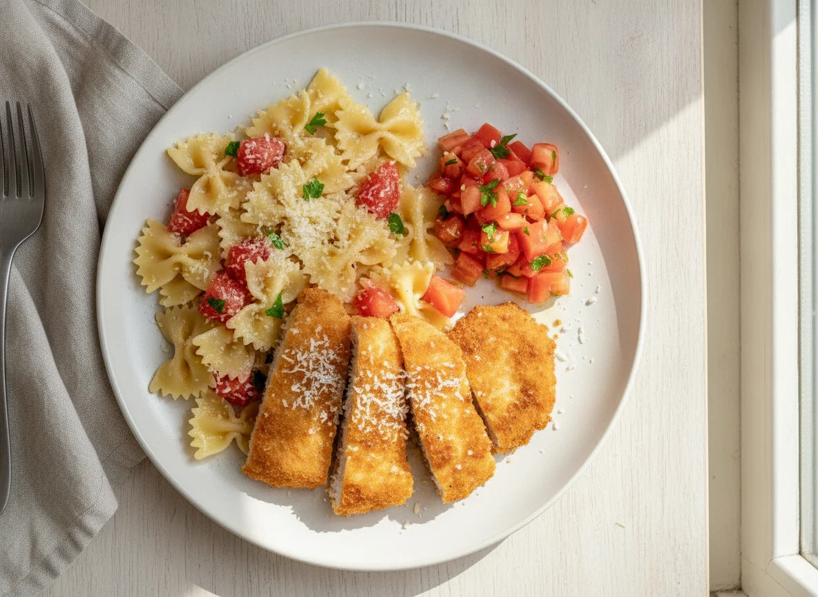 Pasta con filetes de pollo empanados y ensalada de tomate photo