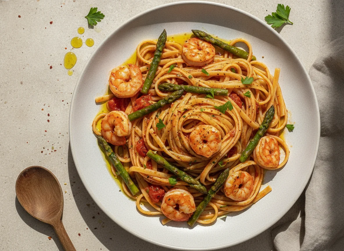 Pasta con gambas y espárragos trigueros photo