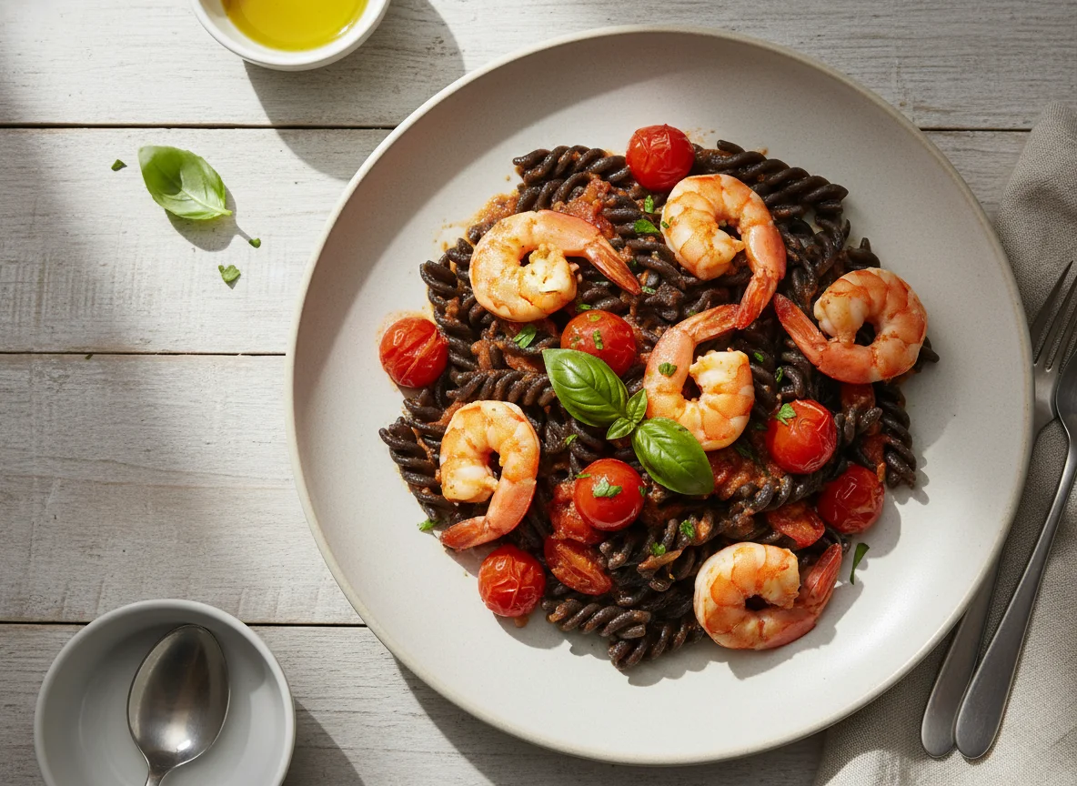 Pasta con gambas y tomates cherry photo