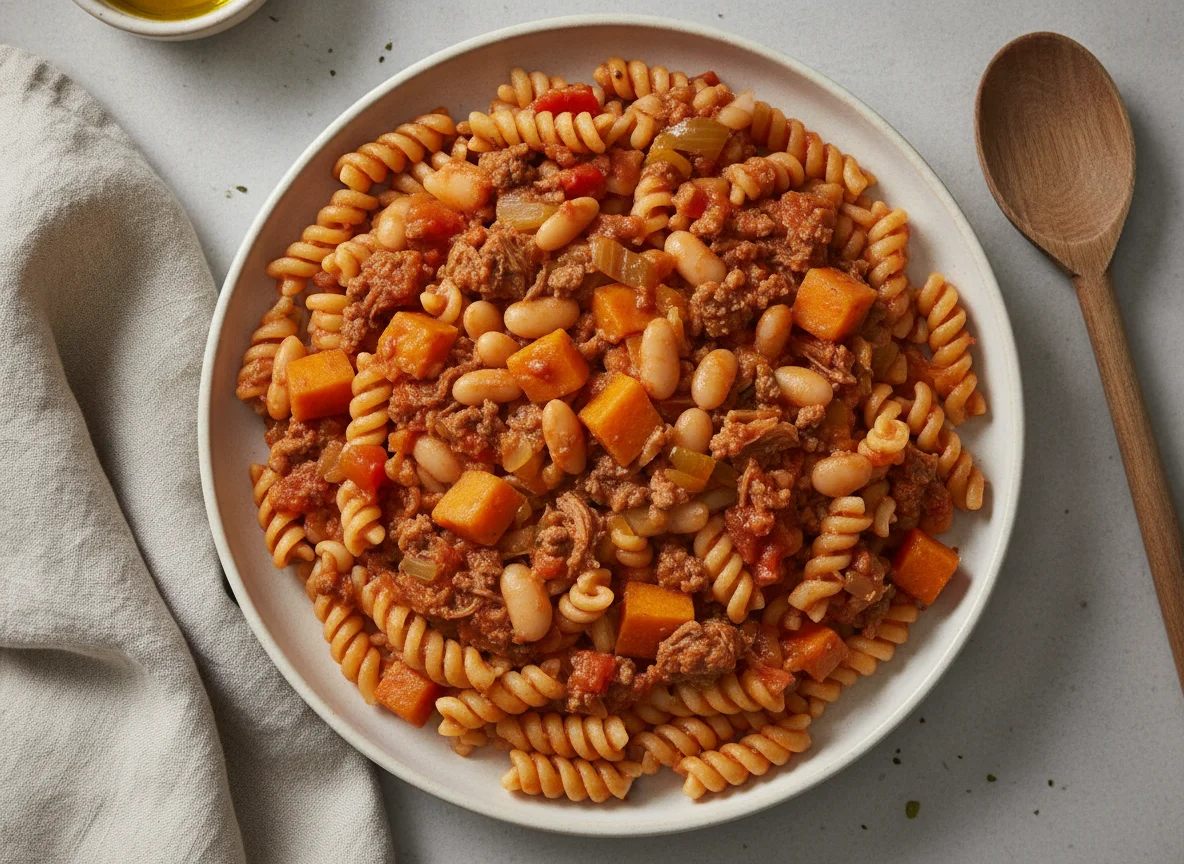 Pasta con guiso de porotos y batata photo