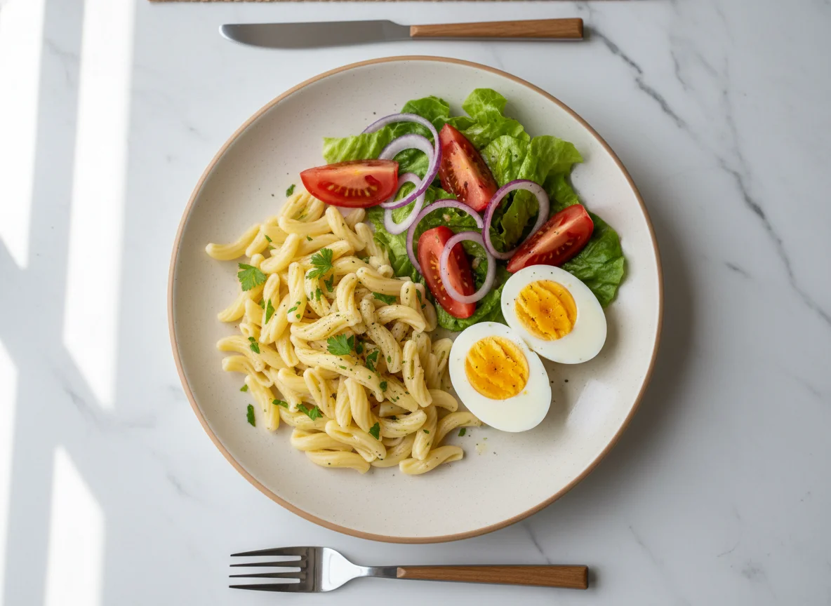 Pasta con huevo duro y ensalada photo