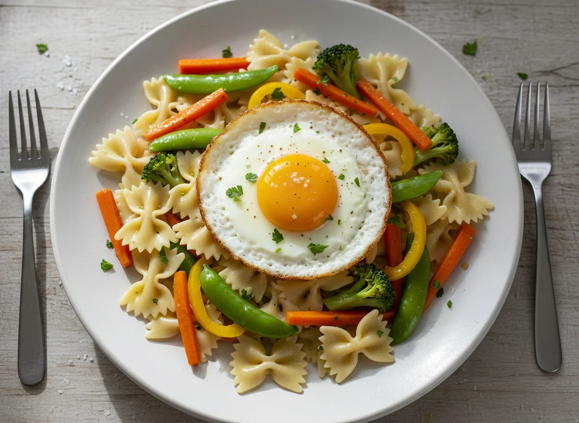 Pasta con huevo frito y vegetales salteados photo