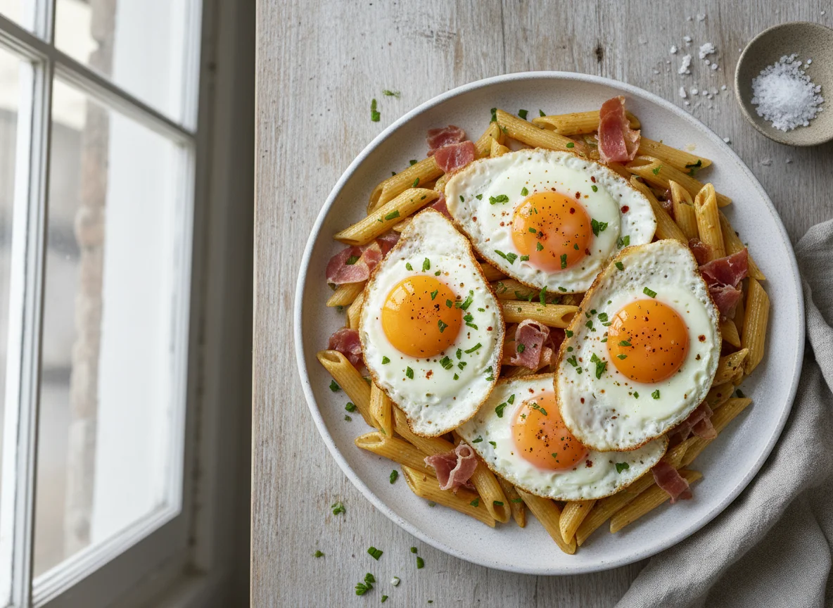 Pasta con huevos fritos y jamón photo