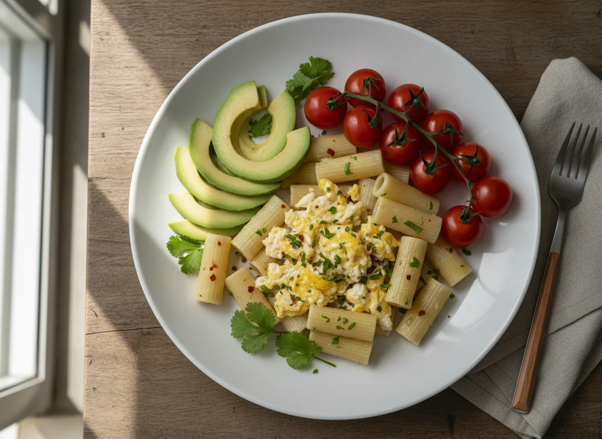 Pasta con huevos revueltos, aguacate y tomates cherry photo