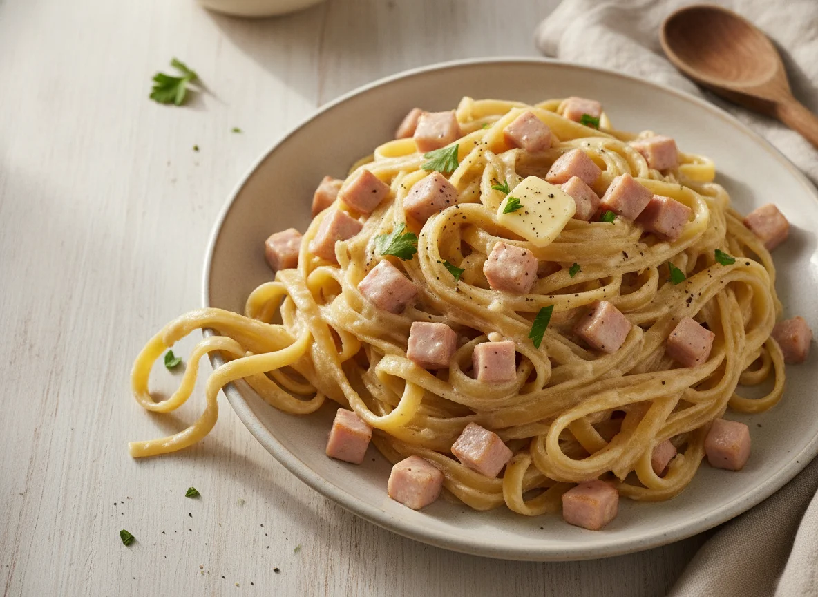 Pasta con jamón y crema photo