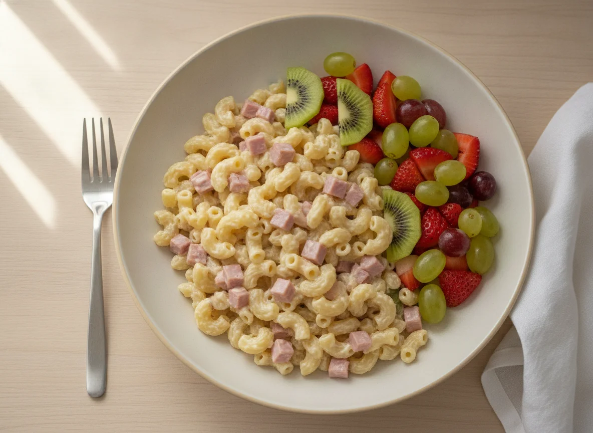 Pasta con jamón y ensalada de frutas photo