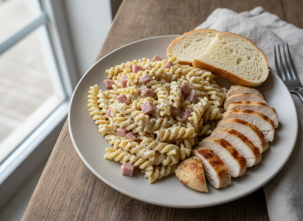 Pasta con jamón y pollo a la plancha photo