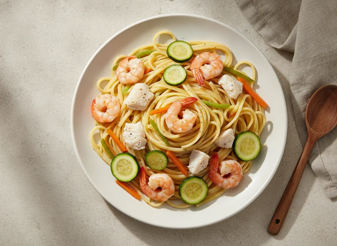 Pasta con mariscos y verduras al vapor photo
