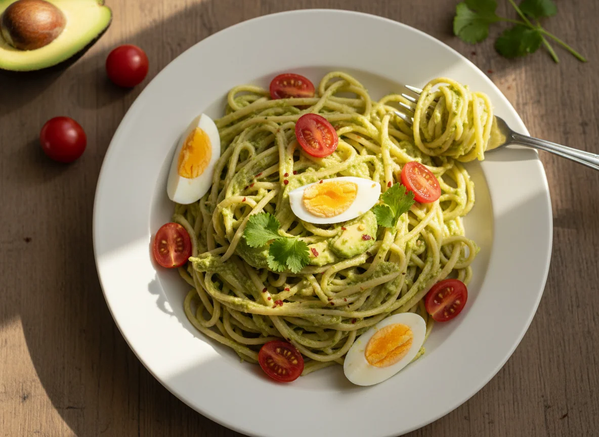 Pasta con palta, tomate y huevo duro photo